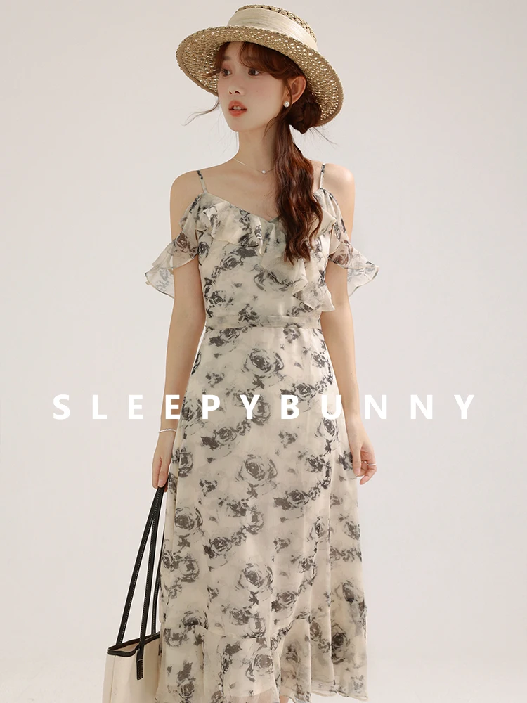 المرأة الأزهار الباردة الكتف كشكش فستان بحزام الصيف ألف خط أسود روز طباعة الشيفون ميدي فستان الشمس لقضاء عطلة الشاطئ تاريخ