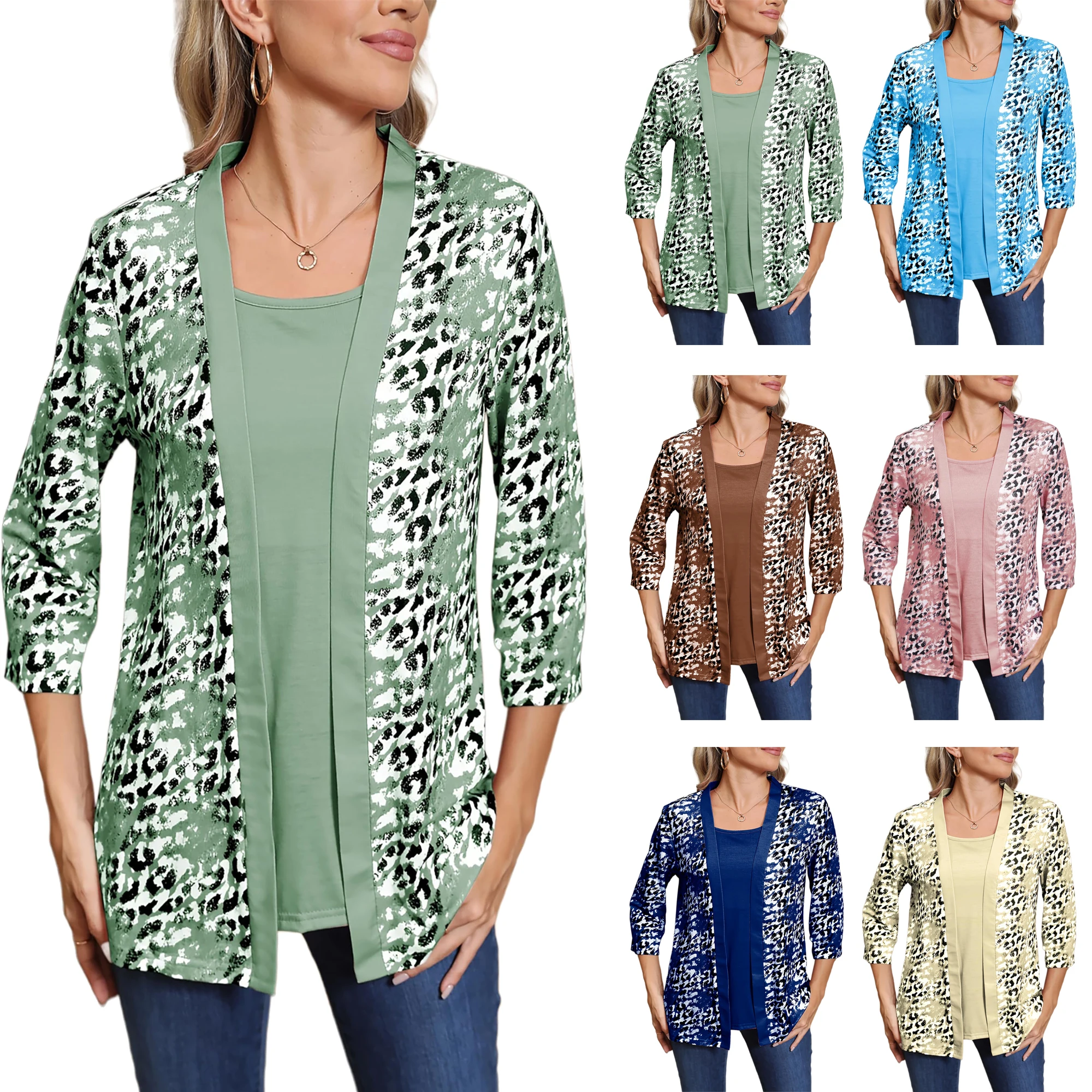 New Fall Model for 2024 Trendy Casual Kimonos Lightweight Cardigan False Two Piece Leopard 3/4 Sleeve Tops Cover Ups