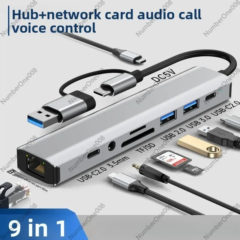 Double Head Docking Station Type-c Multi-function Usb3.0 Splitter Network Interface Card RJ45 with SD/TF Card Reader Adapter