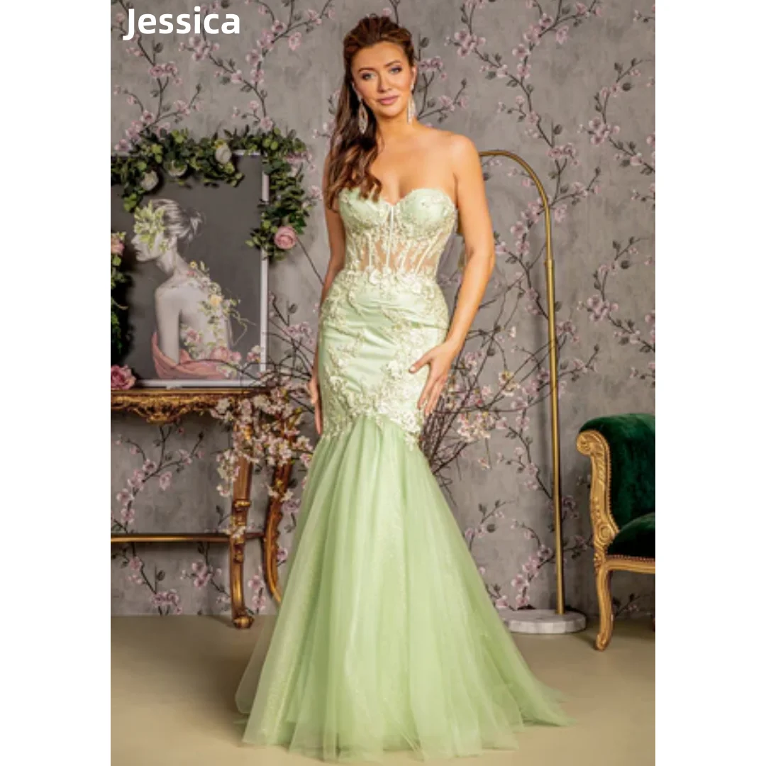 Jessica-Robe de mariée brodée vert clair, robes de Rhen tulle moelleux, épaules dénudées, robes de sirène sur mesure