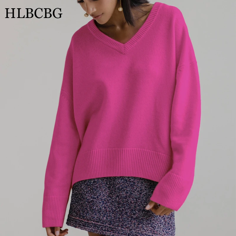 HLBCBG Elegant V-neck Knitted Women Sweaters Full Sleeve Loose Female Pullovers Jumpers Autumn Winter Thick Warm Ladies Knitwear