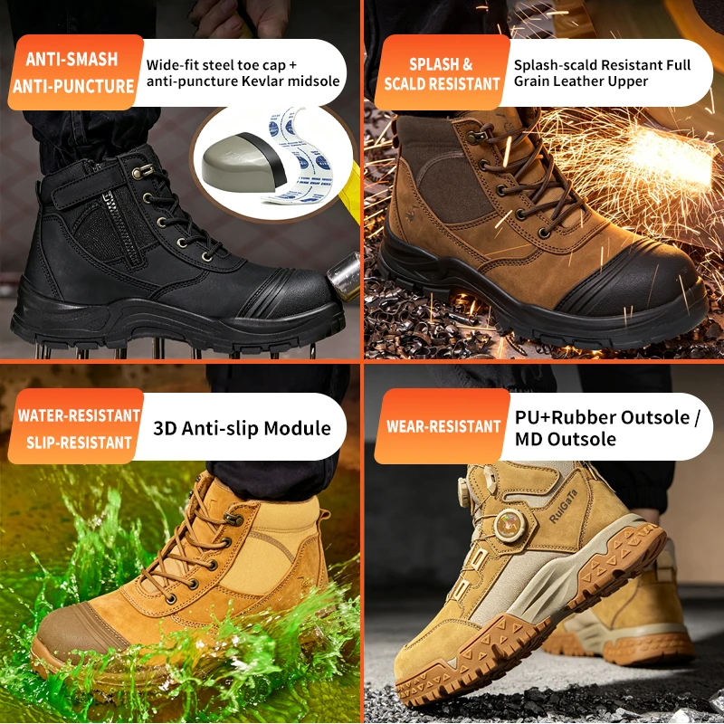 Genuine Leather Work Boots Men Shoes Puncture-Proof Safety Boot For Engineers Indestructible Shoes Cowhide Protection Boots Men