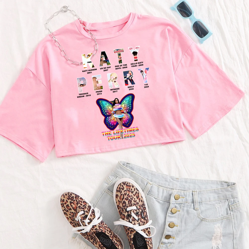 كاتي بيري 2025 جولة الحياة قميص المرأة س الرقبة قصيرة الأكمام المحاصيل القمم تي شيرت المشجعين هدية