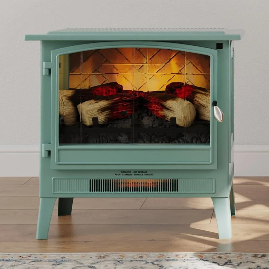 Infrared Freestanding Electric Fireplace Stove Heater in Mineral Blue with Metal Design and Faux Wooden Logs Multiple Flame Col