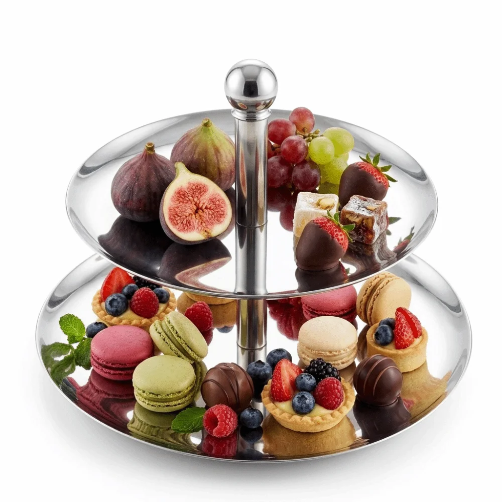 Rustless Steel Tier Tray Double Layer Structure Polished Surface Serving Platter Stable Support Round Edged Storage Tray