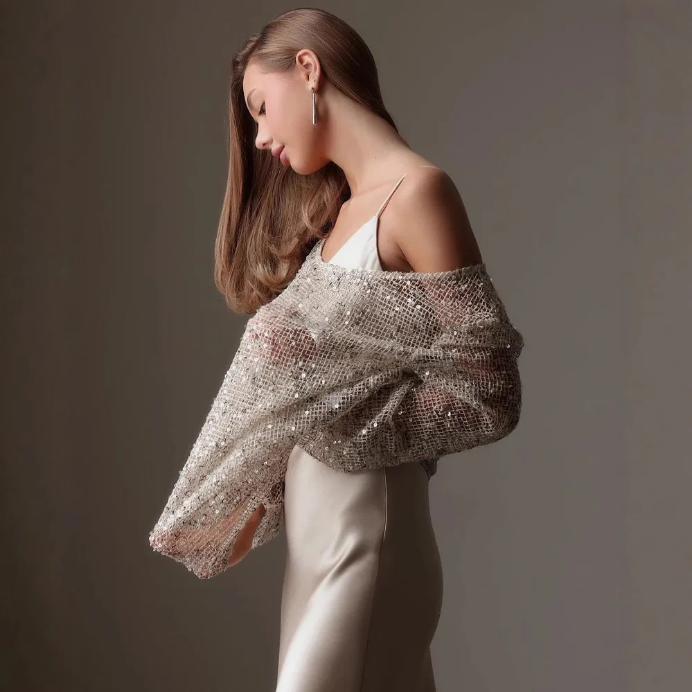 Moda lantejoulas fora do ombro manga comprida topo cor sólida verão casual solto oco camisa para mulher 2025