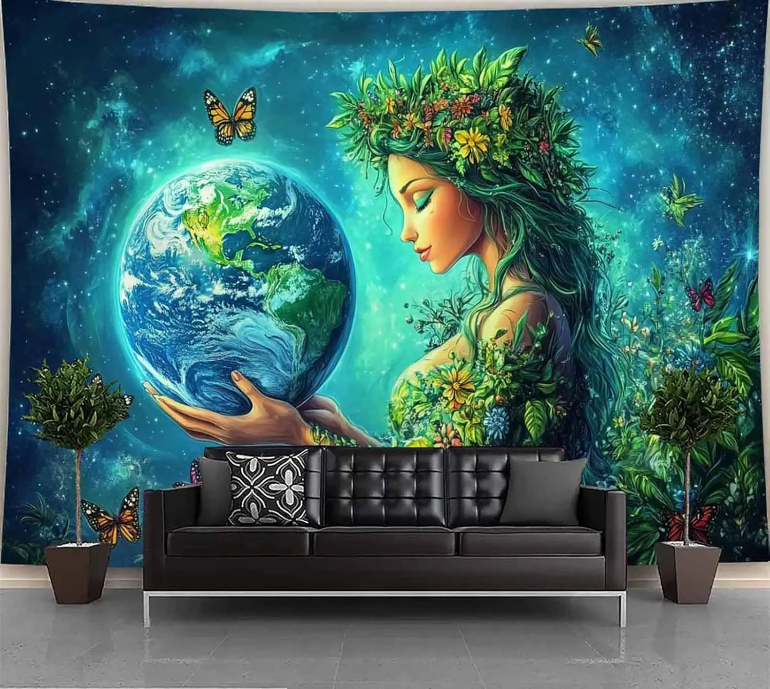 Boho Nature Goddess Tapestry Wall Hanging Art Cosmic Earth Floral Decor Bohemian Style Poster for Living Room Bedroom
