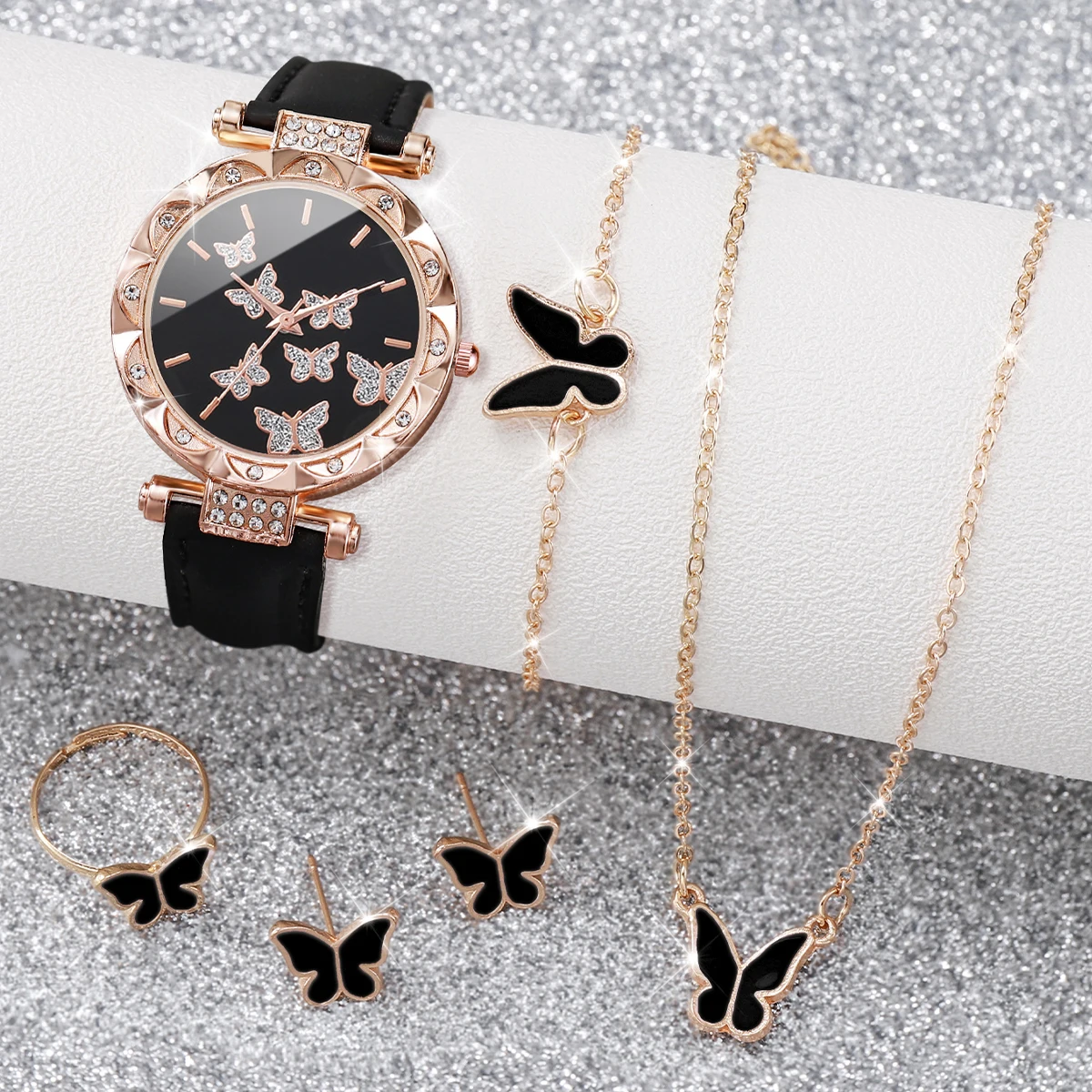 5PCS/Set Fashion Butterfly Women Watches Jewelry Set Luxury Rhinestone Female Leather Band Quartz Watch ( Without Box )