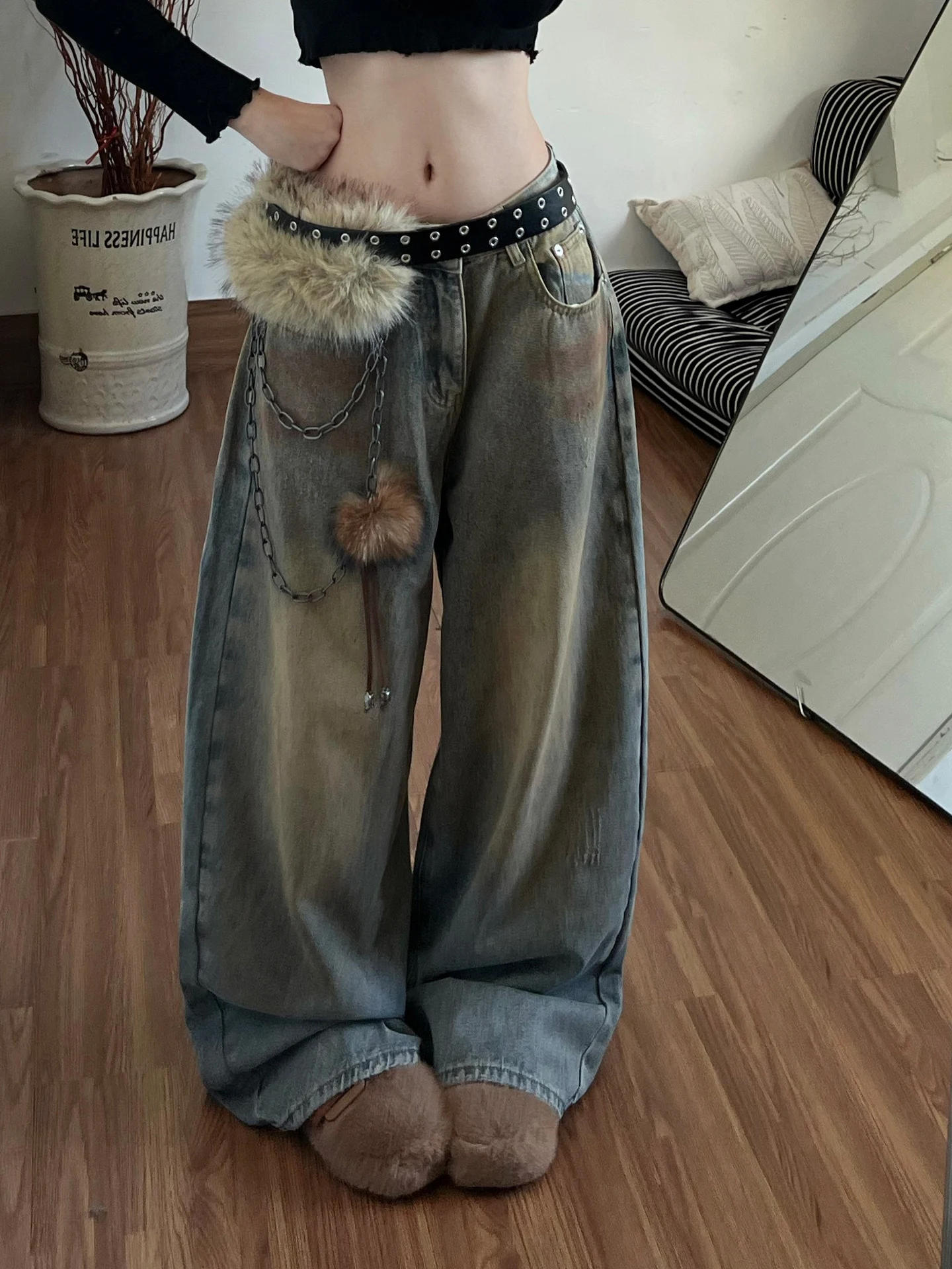 

Low Waist Distred Denim Jeans Women's Wide Leg Pants Casual Spring New Sle Street Sle Blue Color High Wear Resistance