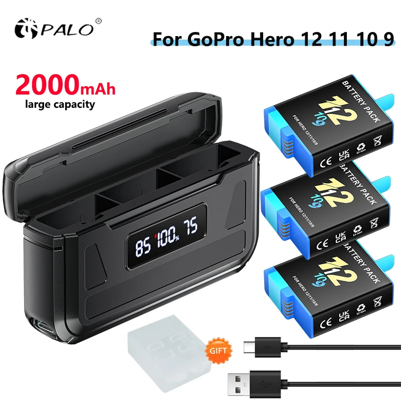 PALO For GoPro Hero 12 11 10 9 Battery 2000 mAh with 3 Slots TF Card Battery Charger Box For GoPro HERO 9 10 11 12 Sports Camera