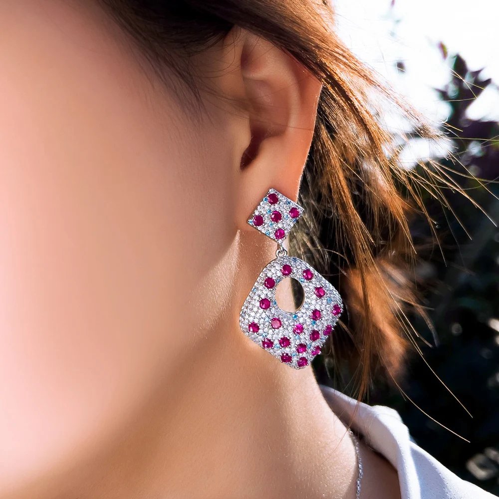 

CWWZircons Glittering Fuchsia Red Cubic Zirconia Luxury Chunky Long Drop Dangle Bridal Party Wedding Earrings for Women CZ929