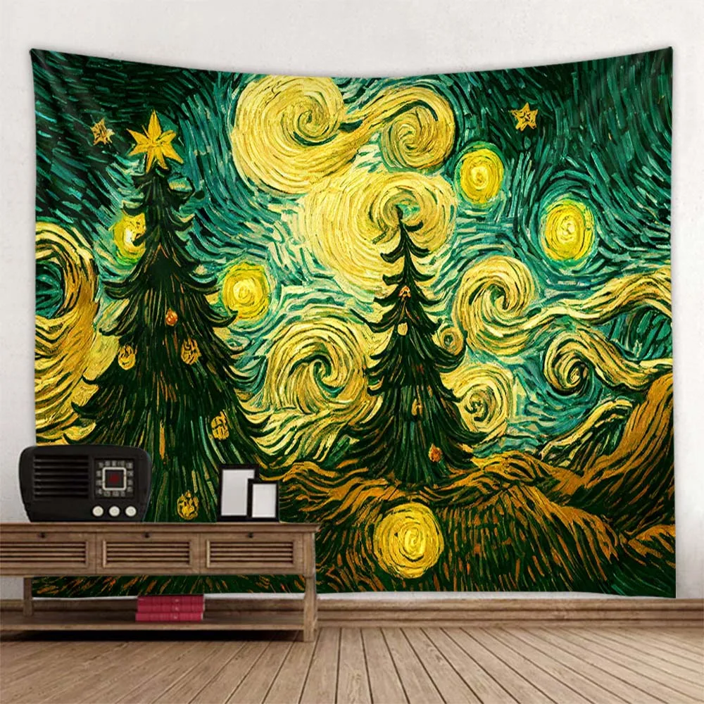 

Christmas oil painting tapestry wall hanging Christmas tree starry sky art mural Christmas home decoration Christmas gifts