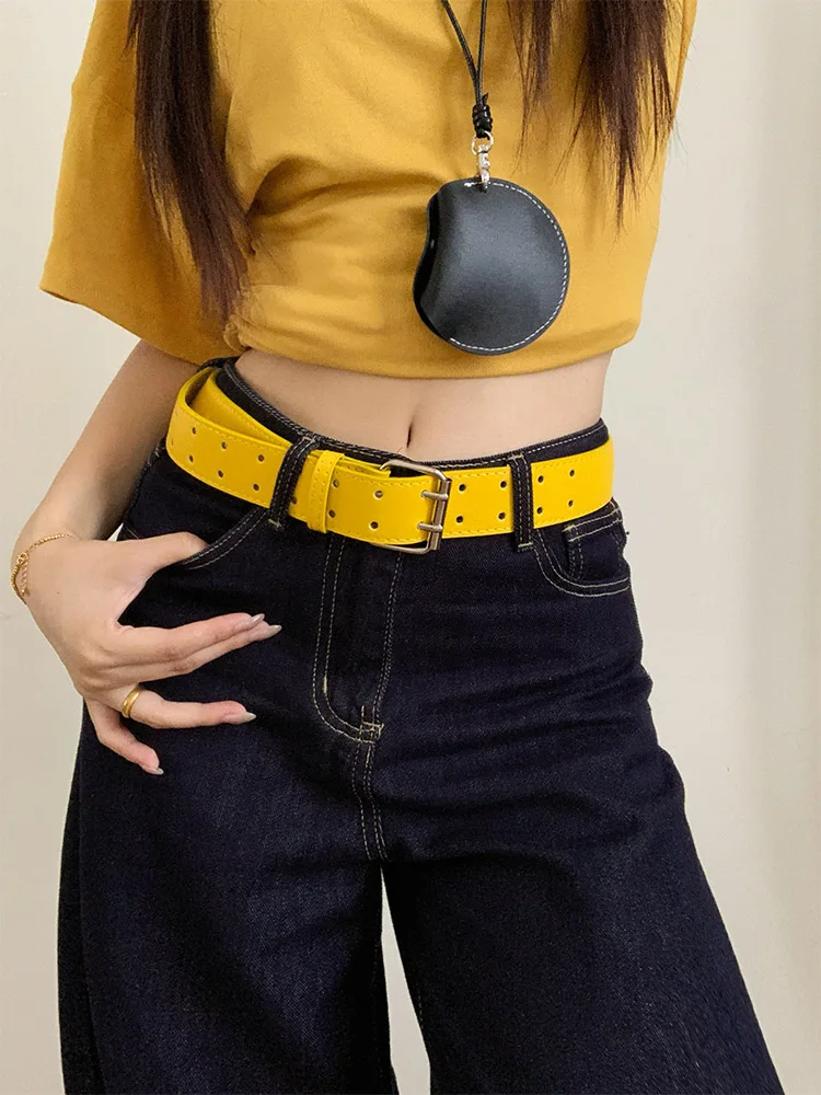 Wide Yellow Belt Double Row Buckle Y2K Design Sense Waist Belt for Women with Denim Skirts Protection Accessories Belt