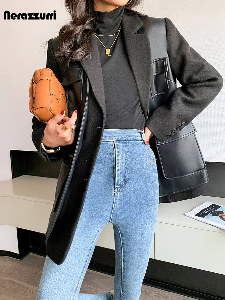 Nerazzurri Autumn Black Wool Blends Patchwork Leather Jacket Women with Many Pockets Long Sleeve Korean Fashion Streetwear 2022