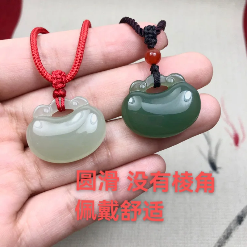 Hetian Mountain Small , Longevity Lock , Qinghai Material Green-White Jade Pendant