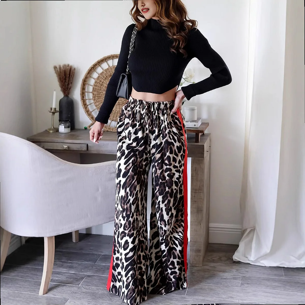 Women's Leopard Print Wide Leg Pants Casual Jumpsuit Playsuit Spring Summer Matching Set