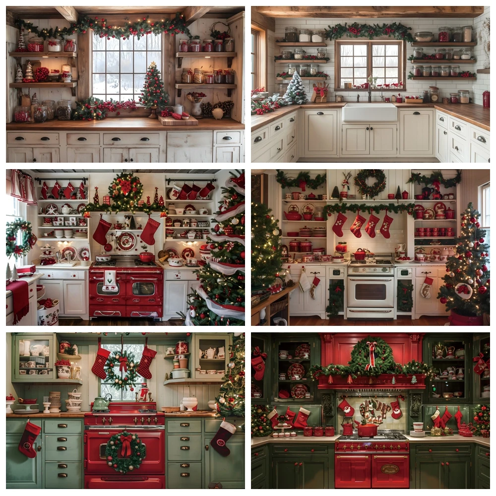 Christmas Kitchen Photography Backdrop Vintage Wooden Cupboard Wreath Red Green Xmas Family Kids Portrait Photo Background Decor