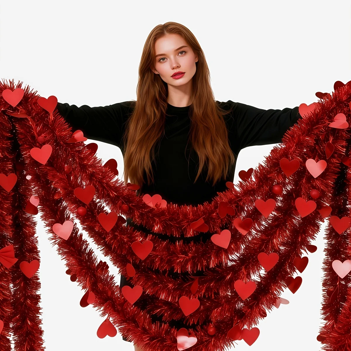 3pcs Red Heart Plastic Tinsel Garlands (Total 6M), Romantic Hanging Decorations for Weddings, Anniversaries, Parties & Home