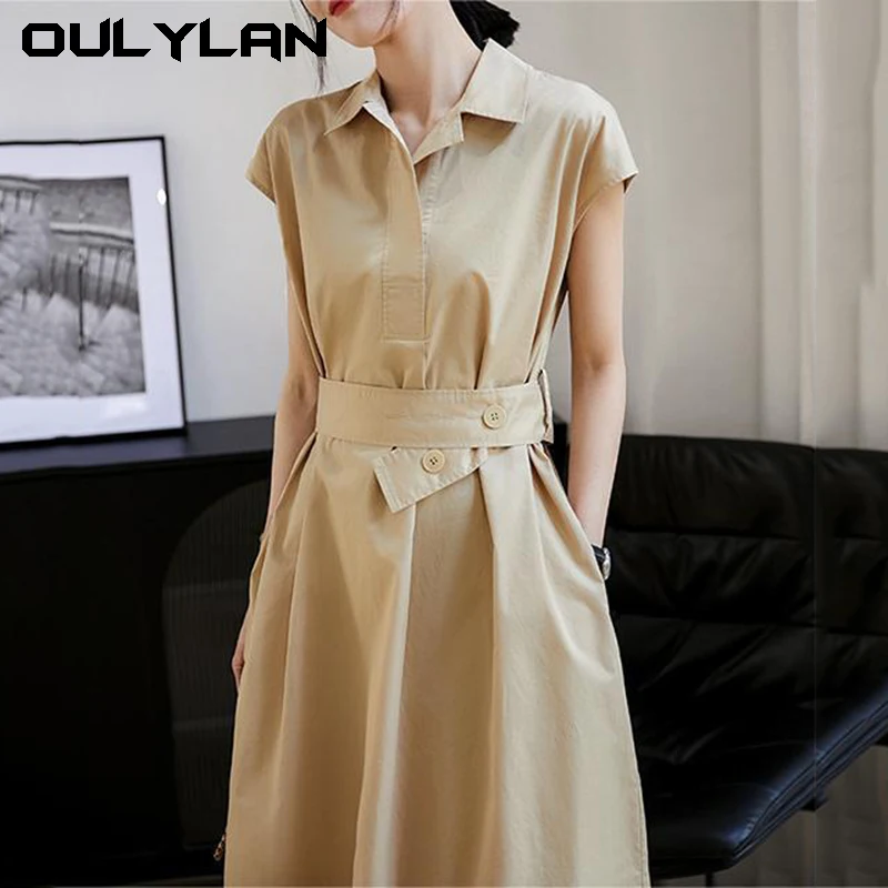 Office Ladies Temperament Solid Dresses 2024 Summer Turn Down Collar High Waist Sashes Dresses Women Vestidos