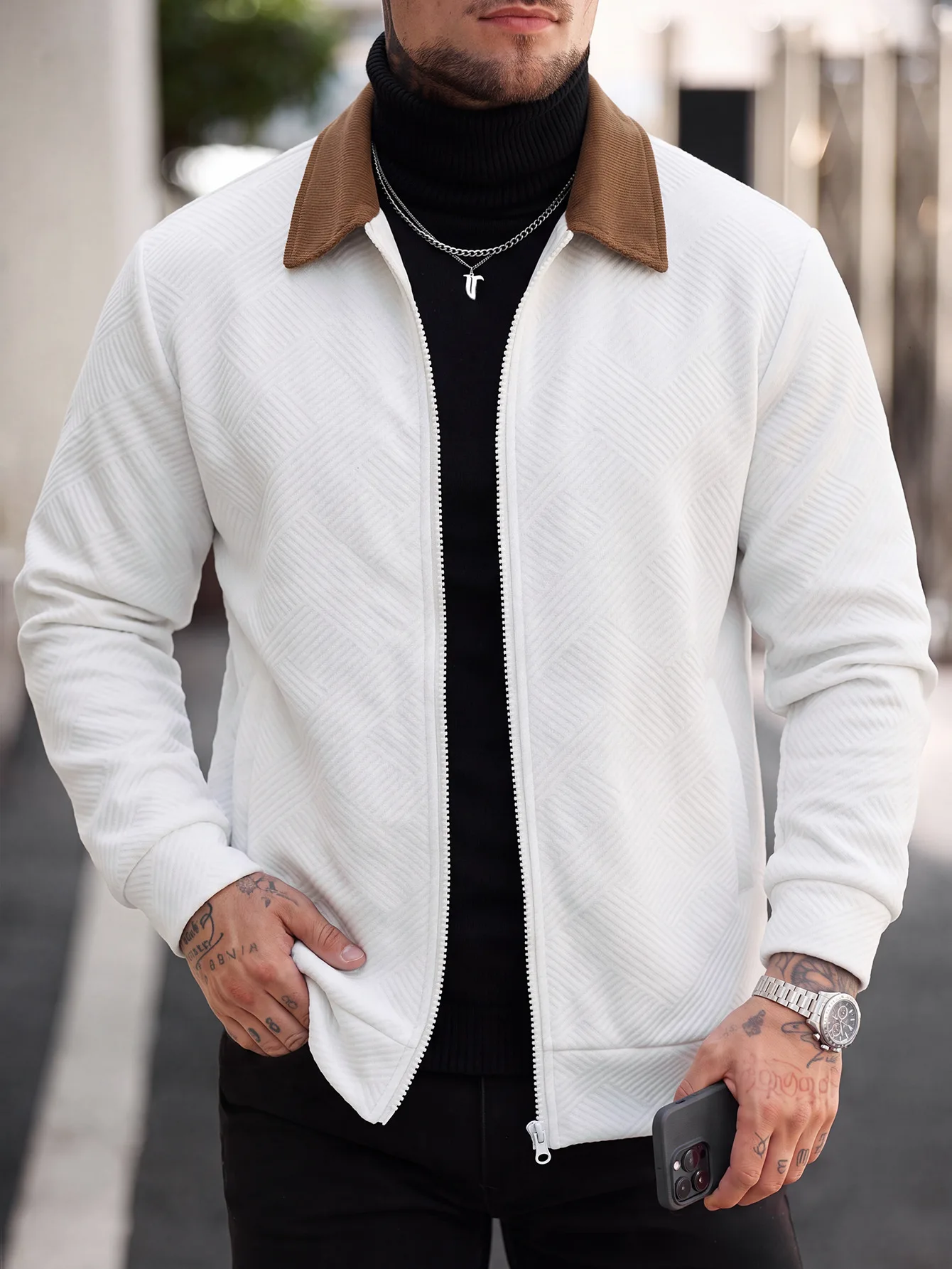 Men's New Casual Long-Sleeved Zipper Jacket New Business Work Coat Solid Color Spring Autumn Outdoor Sports Waffle Cardigan