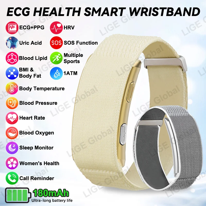 LIGE ECG+PPG Smart Bracelet Men Women Uric Acid Body Fat Body Temperature BP Five Organ Health Smartwatch Sports Fitness Band
