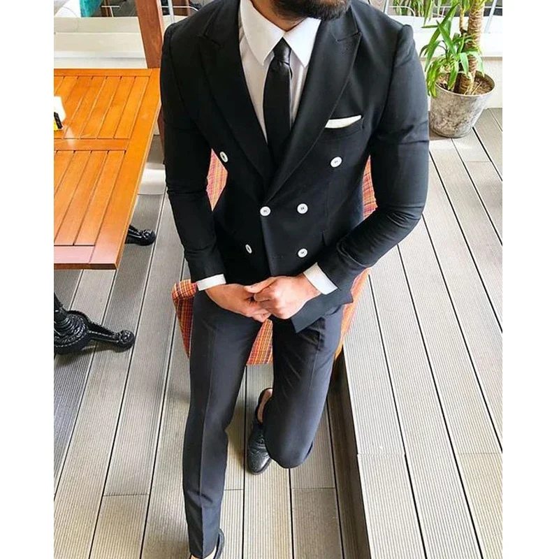 

Black Double Breasted Wedding Suits For Men Slim Fit Groom Tuxedo Dinner Party 2 Piece Male Fashion Jacket with Pants