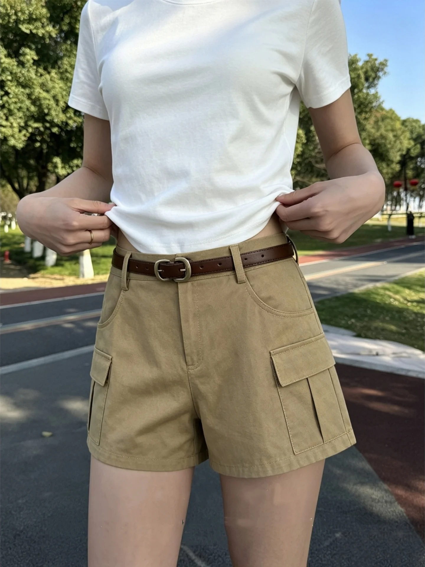 High Waist A-Line Workwear Shorts Women's plus Size Khaki Color Casual Pants Multiple Pockets Meat Concealing Slim Hot Pants