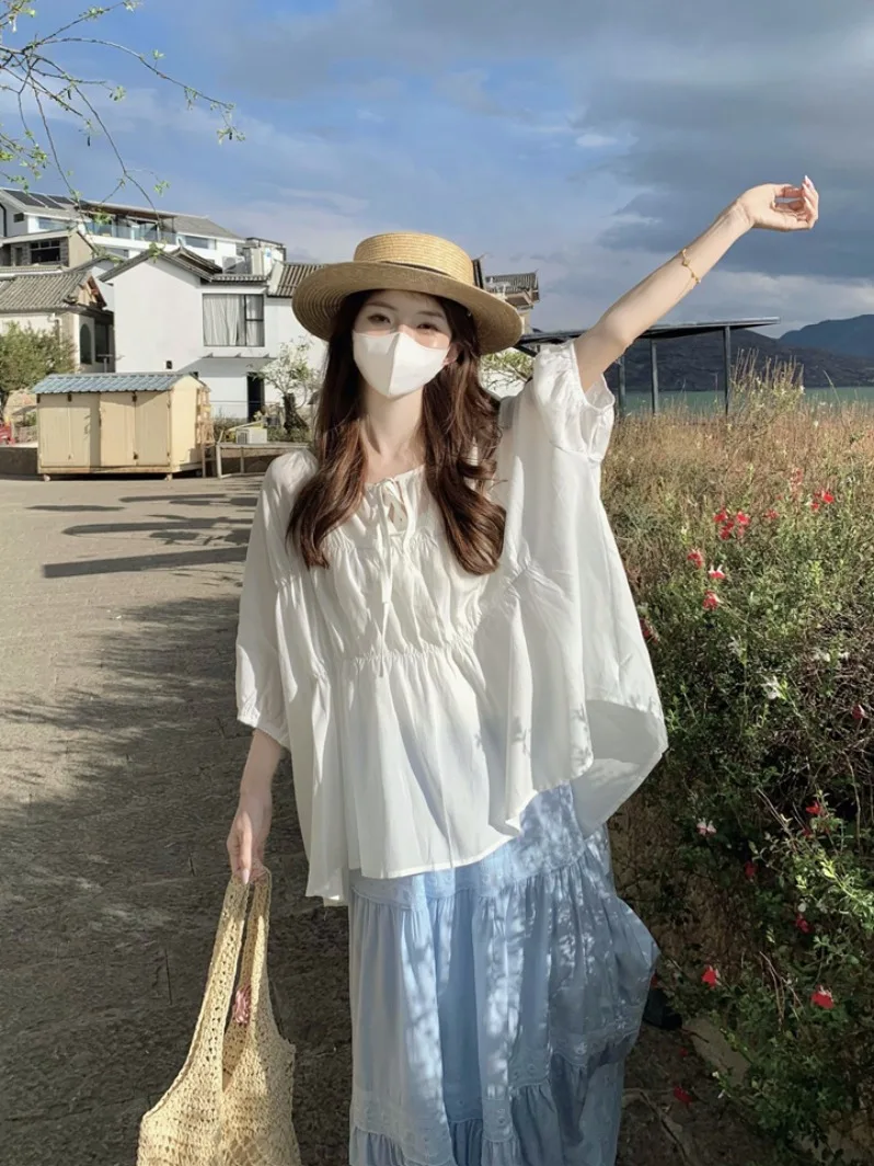 

Ladies' Casual Style Loose Fit White Shirt Summer Thin Blue Half Skirt Beautiful Drapey Thin Fabric Polyester Fiber Five Sleeve