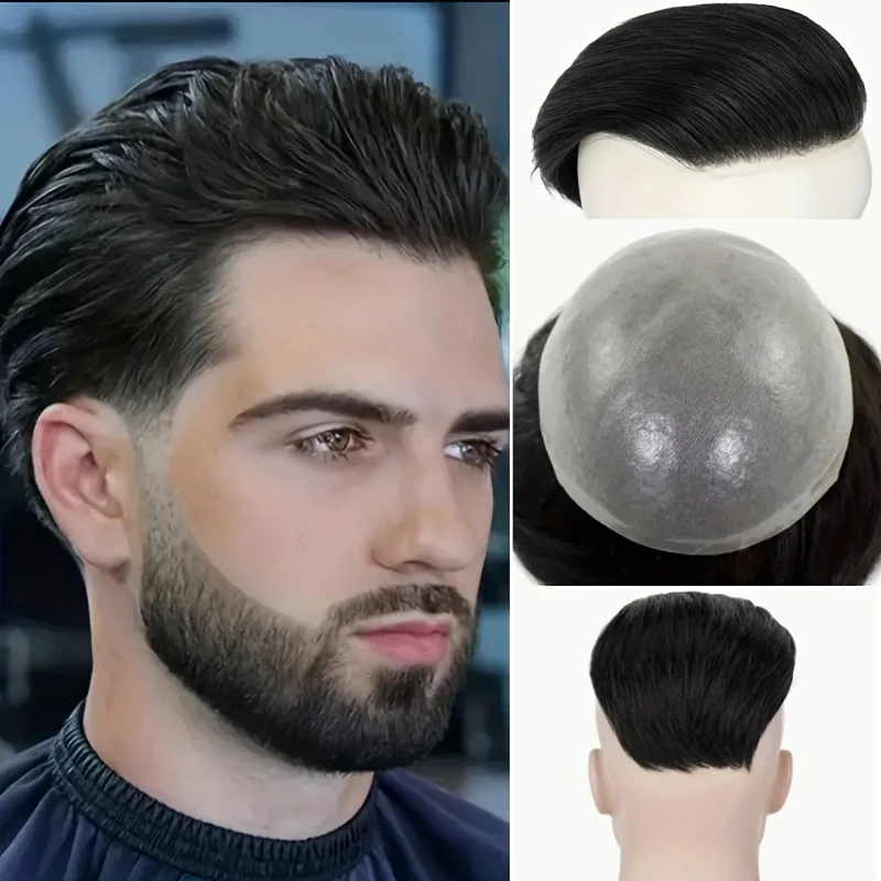 Men's Human Hair Toupee thick PU 0.08-0.1MM Thin Skin Base 7.5x9.5 Invisible Hair System Natural Hairline 6 Inch Medium Density