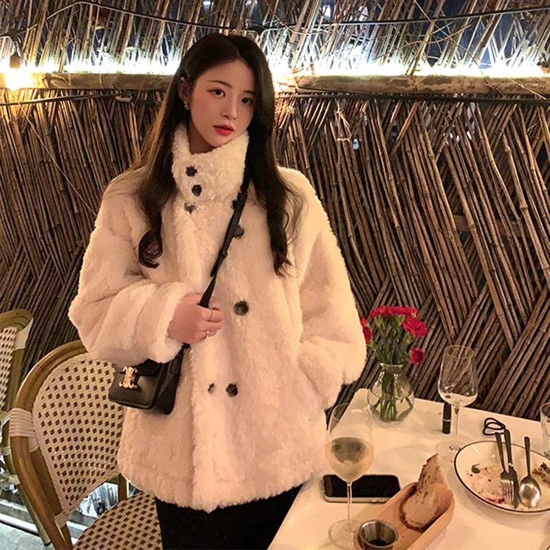 

Sli Thiened Lamb Fur Vest Women's Cotton Jaet Winter Coat Korean Sle Loose Fit Long Sve Button Detail Color