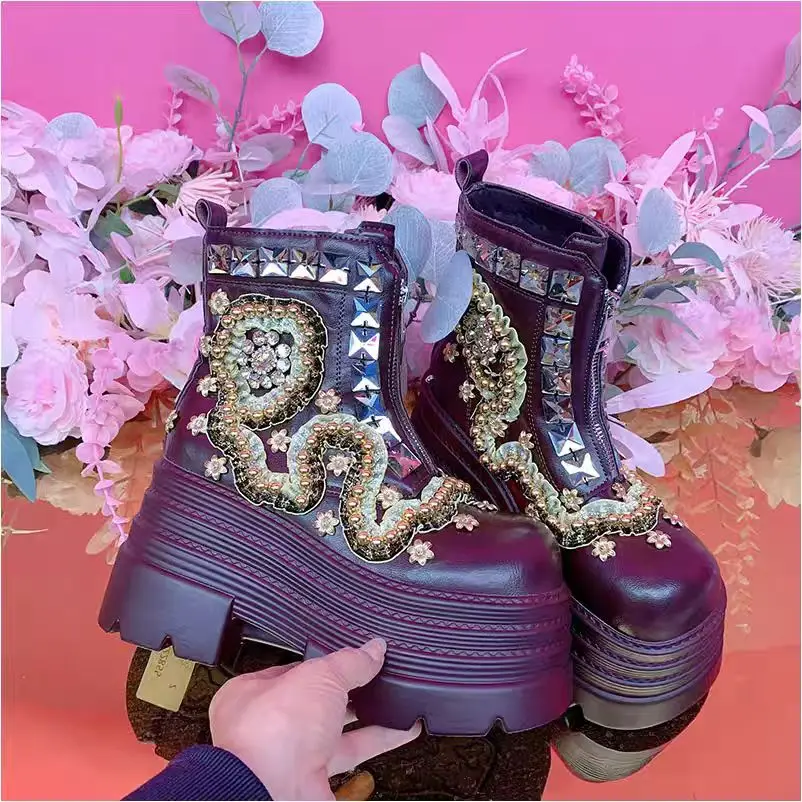 Heavy industry front zipper flower beaded water diamond lace leather boots thick-soled comfortable women's cotton shoes 35-39