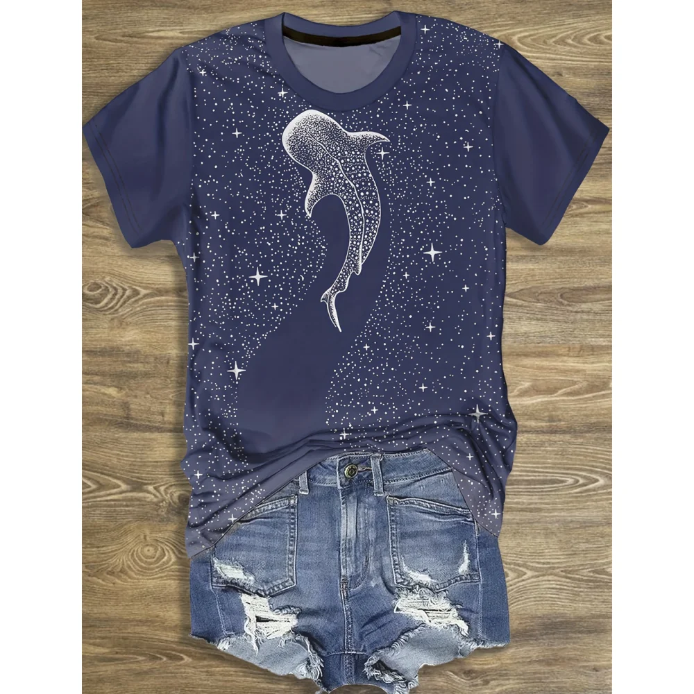 2024 Marine Organism T-Shirt Whale Print Women's T-Shirts Fashion Characters Casual Harajuku Short Sleeve O Neck Female Clothing