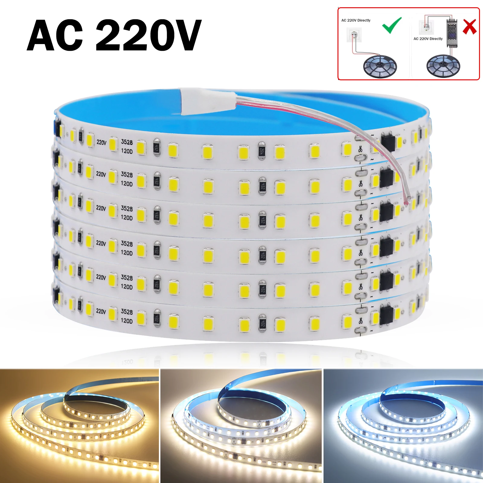 

5 м/10 м/20 м/50 м AC 220 В 240 В светодиодная лента IP44 натуральный белый/теплый белый/белый 2835 120 светодиодов/м гибкая ленточная лампа с 2-контактным проводом