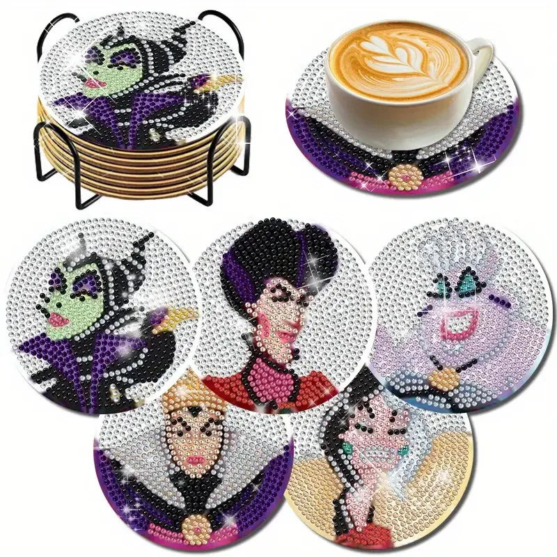 

New Arrival 5-8Pcs Cartoon Princess & Queen Series DIY Diamond Painting Coasters with Holder, Creative Home Decor Souvenirs
