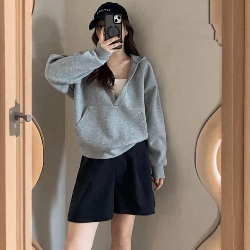 

Casual Hooded Pullover Sweatshirts Women Deep V-neck Hoodies Korean Fashion Solid Harajuku Hoodie Oversized Tops Loose Pullover