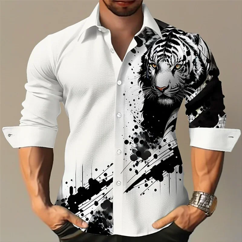 

Новые модные мужские рубашки, праздничная Гавайская футболка с 3D принтом тигра и орла, одежда, блузка с длинным рукавом, пуговицами и лацканами, Повседневные Удобные топы