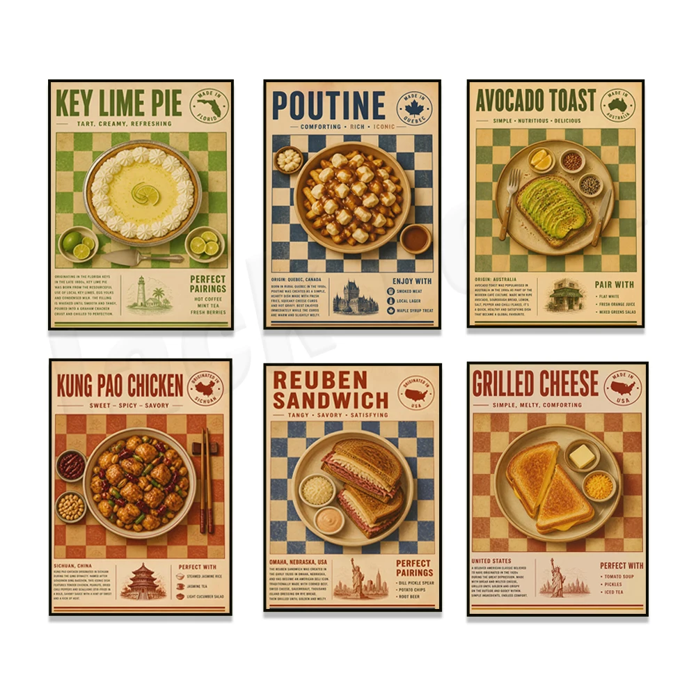 Food poster featuring Vietnamese banh mi, mozzarella cheese, Kung Pao chicken, sandwiches, chicken and onion rings, and pretzels