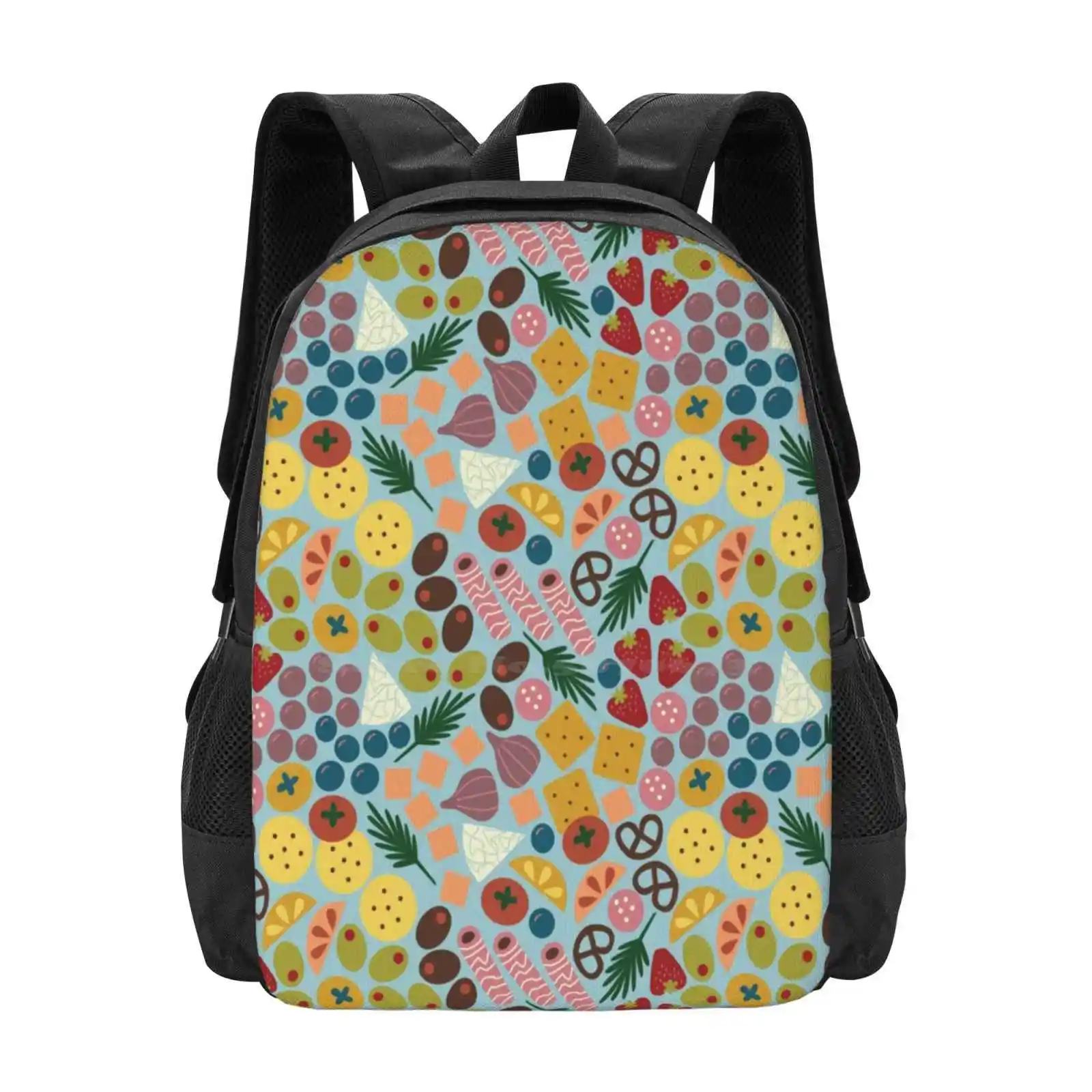 " Charming Charcuterie " Designer Food Fun Foodie Kitchen Fruit Print Large Capacity School Backpack Laptop Bags Repeating