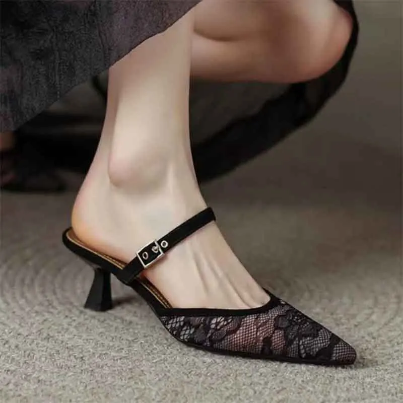 

Women Mesh Slippers Pointed Toe Shoes High Heels Sandals Summer 2026 Sexy Mules Shoes Chunky Pumps Elegant Slingback Slides Lady