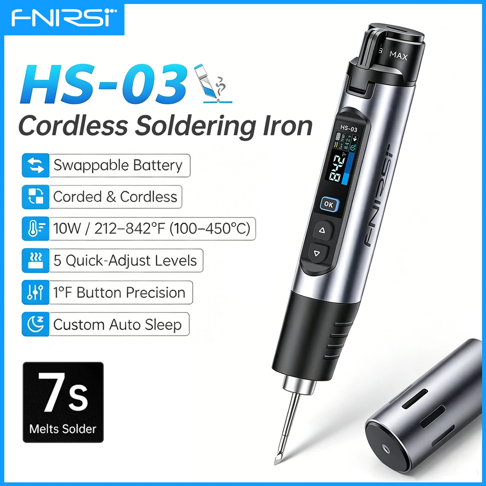 FNIRSI HS-03 Cableless Soldering Iron 10W Type-C 100-450℃ Adjustable Temperature Soldering Pen Portable Repair Welding Tools