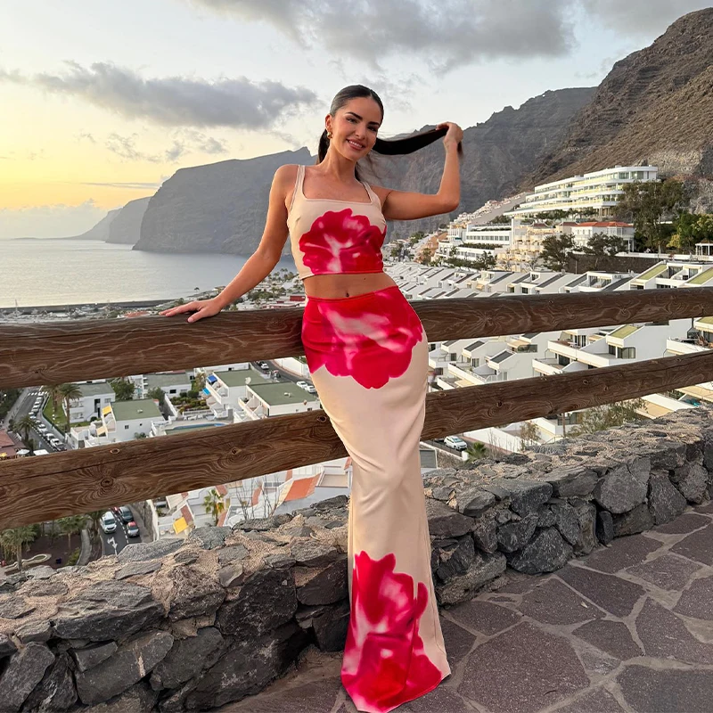 2024 صيف جديد عصري زهرة مطبوعة بلا أكمام حزام مع مكشوف السري فستان طويل مجموعة المرأة #5