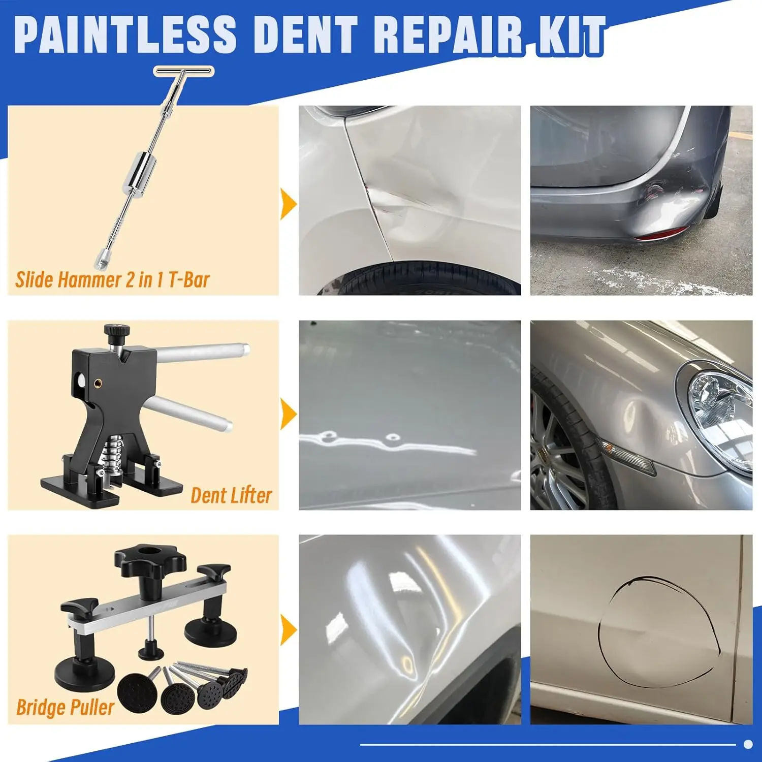 スーパーPDR車体凹み修理キット、塗装不要の凹み除去ツール、スライドハンマー、デントリフター、ブリッジプラー付き、雹による損傷、ドアのへこみ用