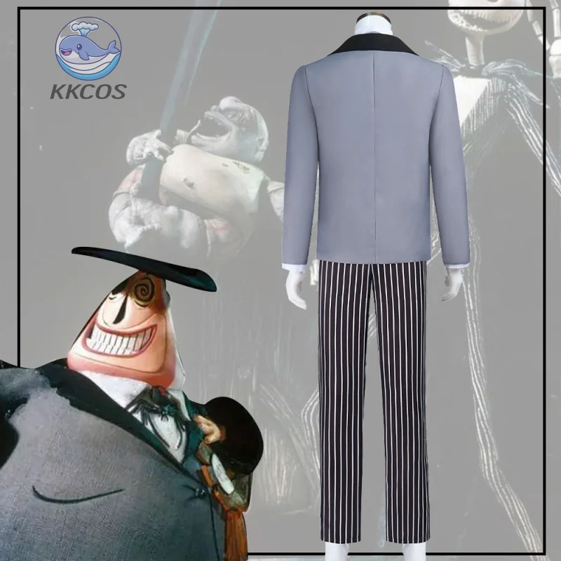 عيد الميلاد كابوس جاك سكيلينجتون مايور تأثيري حلي الكرتون الرجال رمادي البدلة سروال مخطط قبعة هالوين كرنفال حفلة KK