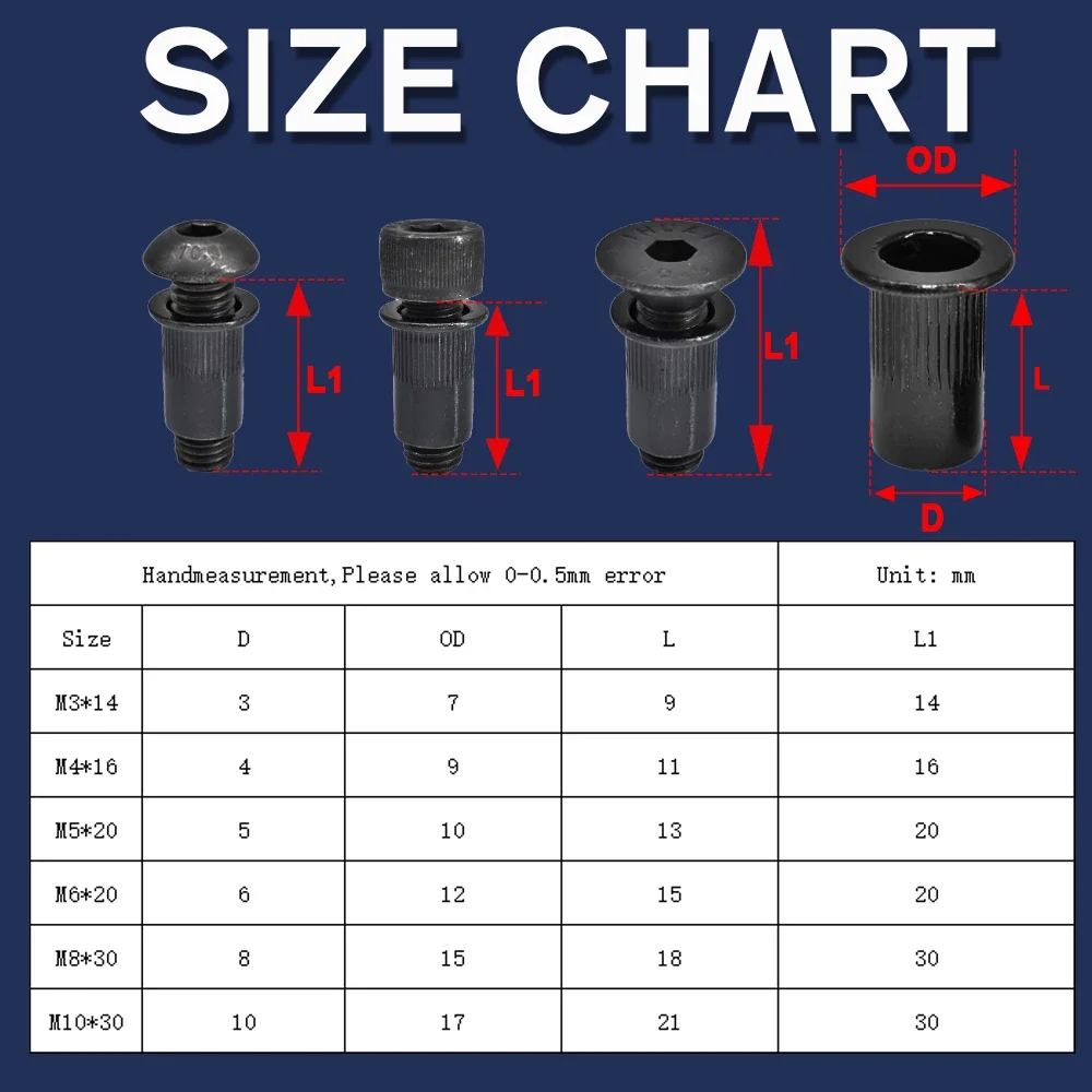 Parafusos de soquete sextavado de aço carbono, porcas serenadas, kit de porcas rebite, DIN912, DIN7991, ISO7380, M3, M4, M5, M6, M8, M10, 1 a 25pcs