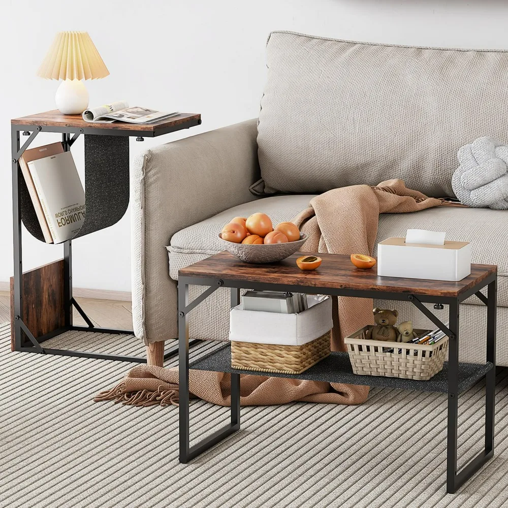 C Shaped Side Table, Small Snack End Table for Couch, Nightstand with Storage,Can be a Coffee Table,for Living Room,Rustic Brown