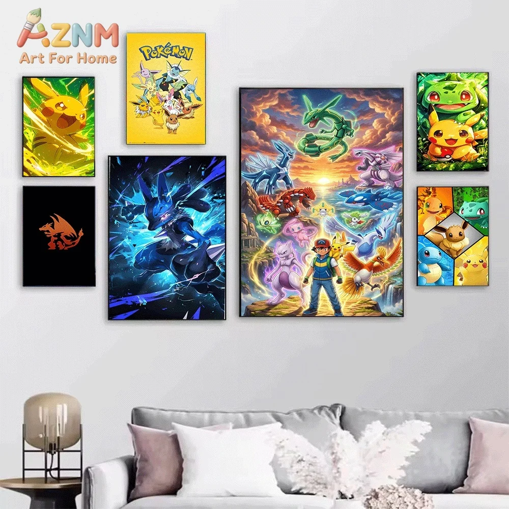 Anime Pokemon Pikachu Lightning Pop‑art Canvas Wall Art, Cheerful Electric Mouse Cartoon Creature Frameless Canvas Painting fo