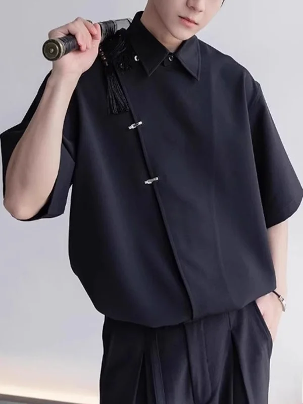 

Loose Casual Men's Short Sleeve Shirt New Chinese Style Side Button Design Summer 2025 Trendy Loose Fit Breathable Collar