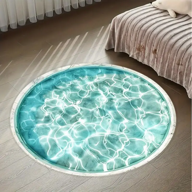 Elegant White Lotus Flower Circular Area Rug  Blue Pond Water Lily Print Round Mat Meditation Spa Bathroom Decor Rug