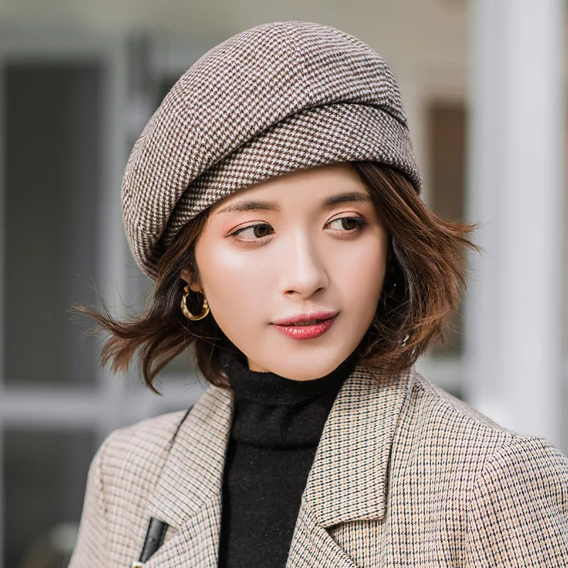 Women Winter Autumn Warm Check Pattern French Artist Round Beret hat Cap Beanie