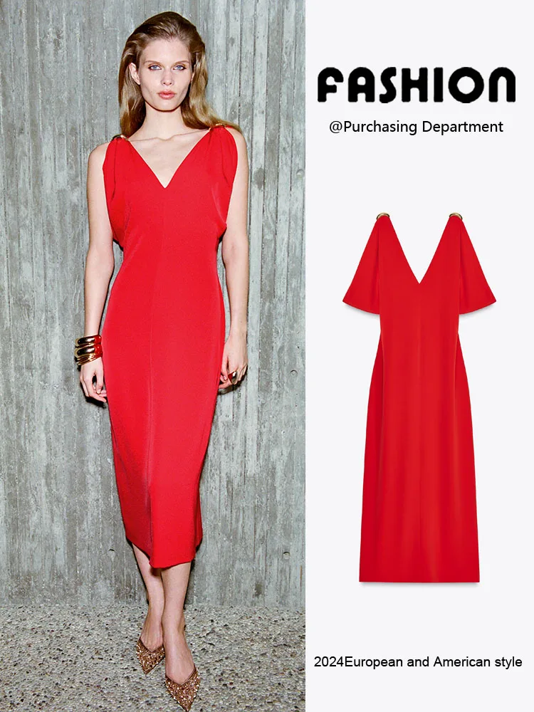 Ele Gold Embellied Svel V-Ne Midi Dr Nieuwe Zomer Dames Faion Taille Gespannen Jurk Halflange Rok